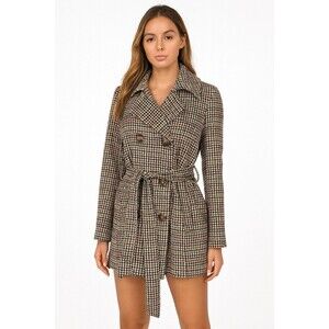 Riley & James Houndstooth Plaid Double Breasted Belted Coat Jacket Tan XL